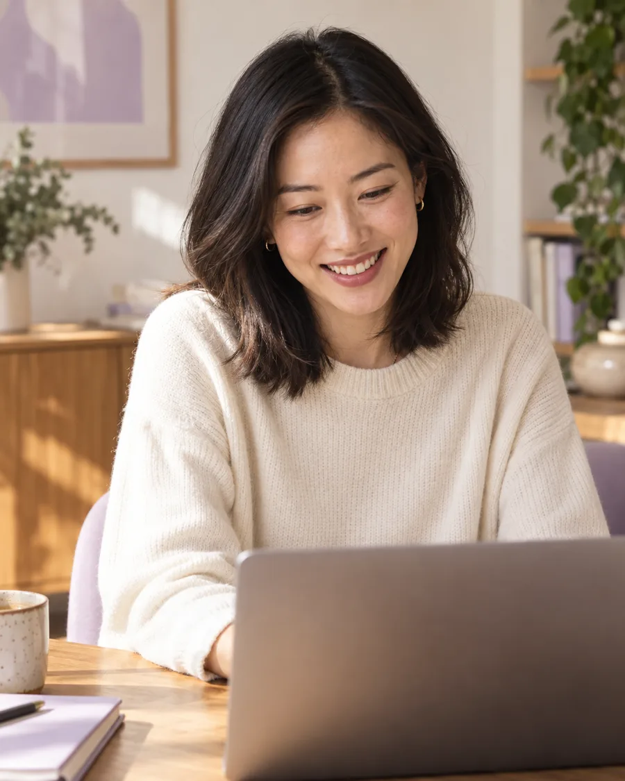 Illustrative portrait of a professional reading a message on her laptop