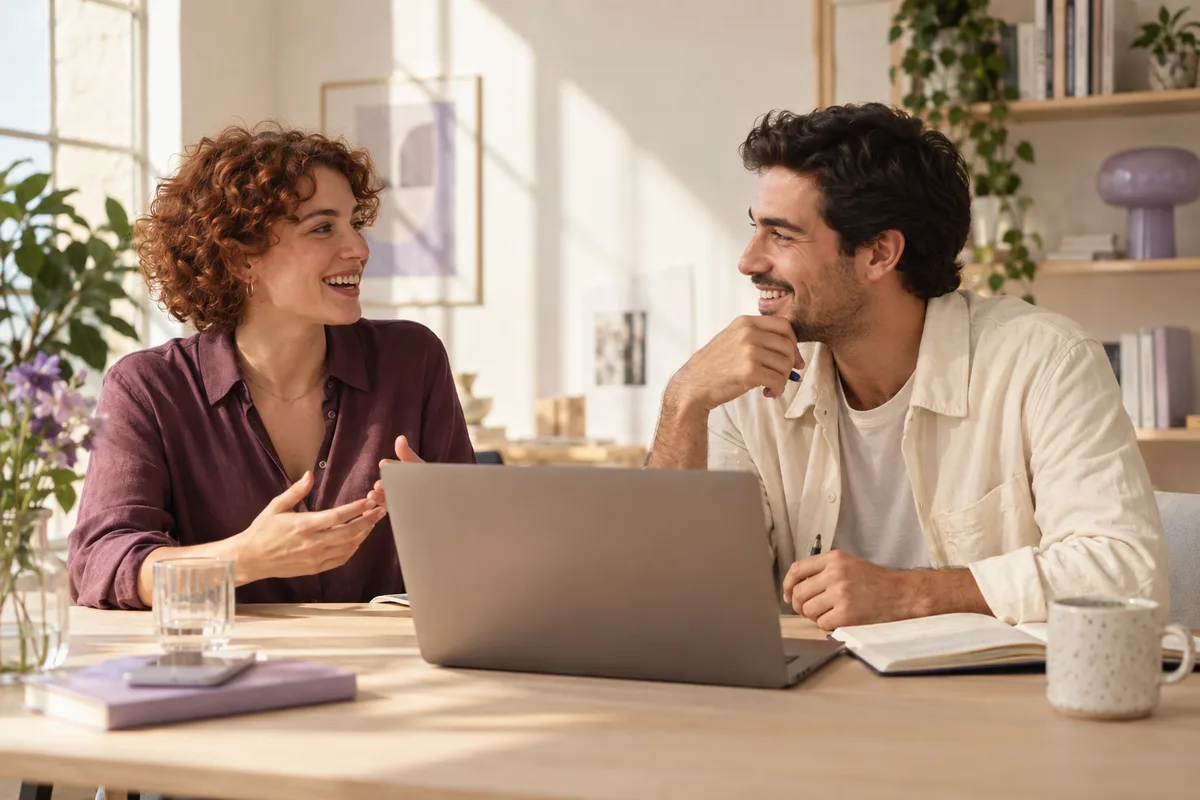 Illustrative team sharing a conversation at a desk