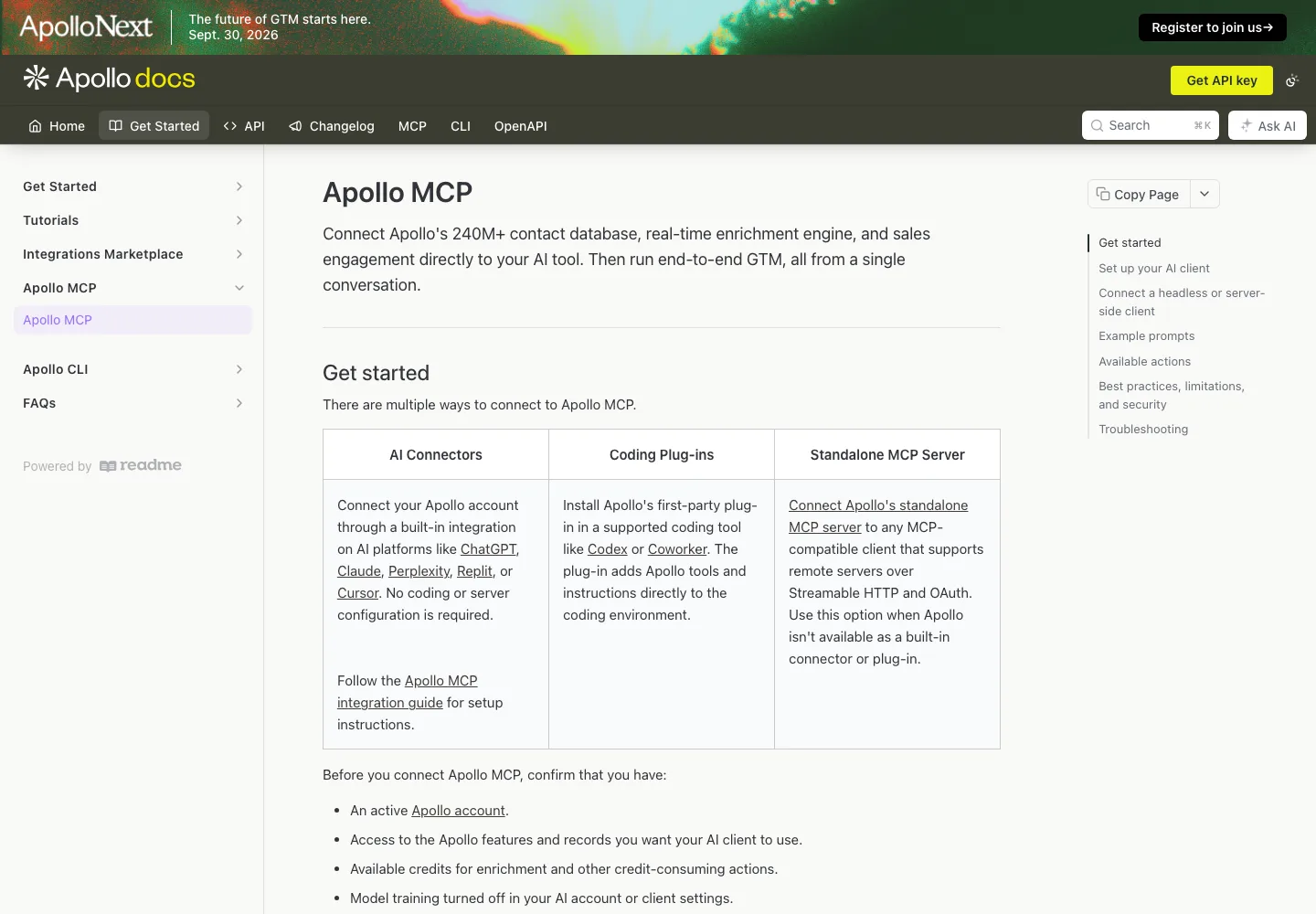 Apollo public MCP information page, captured September 21, 2026