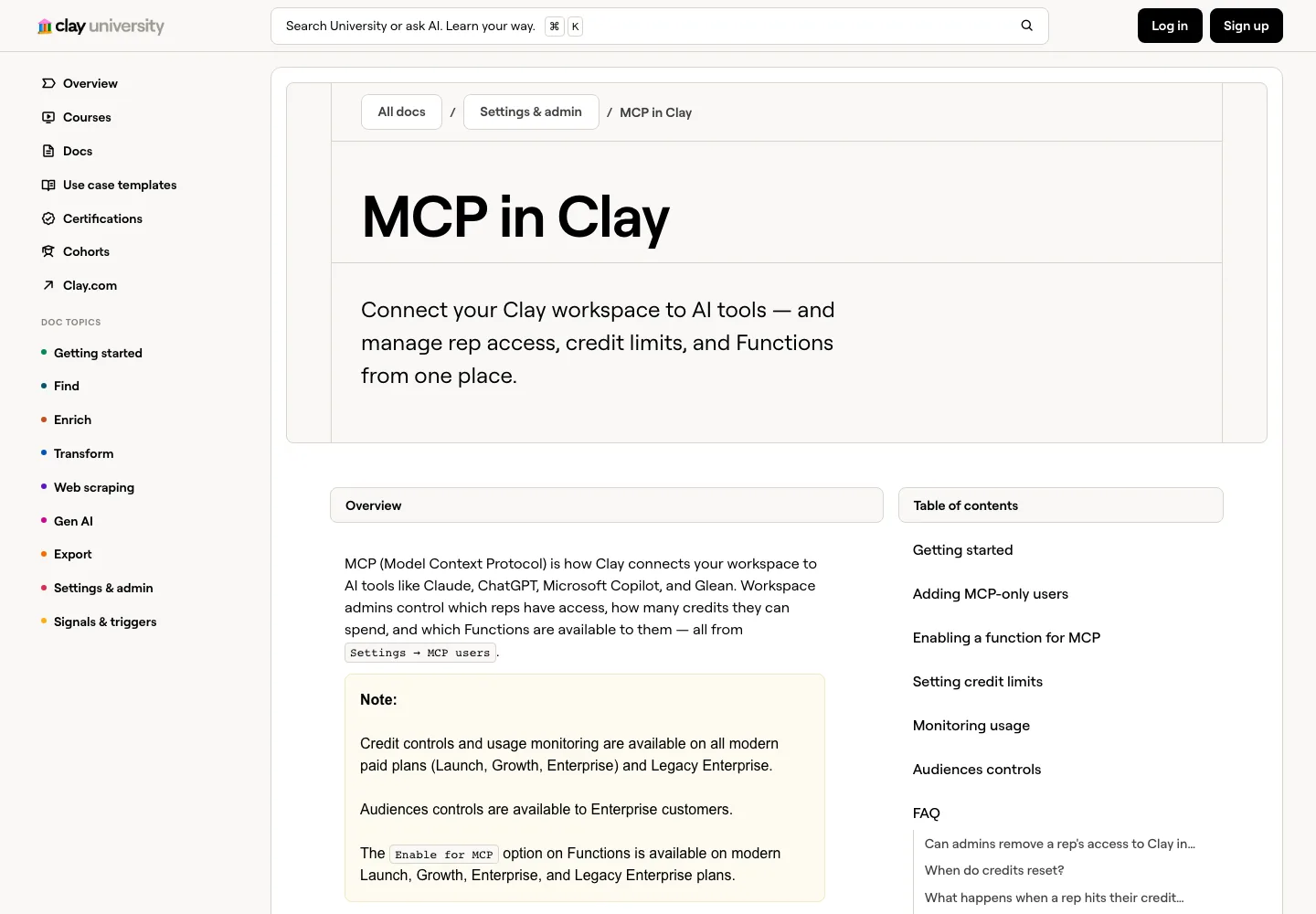Clay public MCP information page, captured September 21, 2026