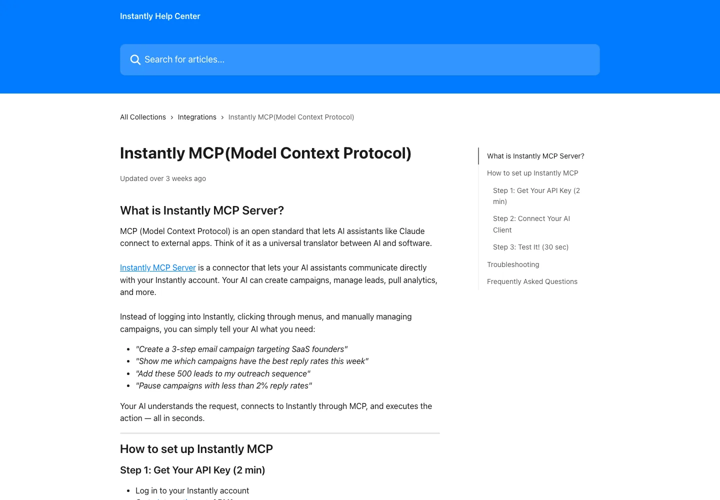Instantly public MCP information page, captured September 21, 2026