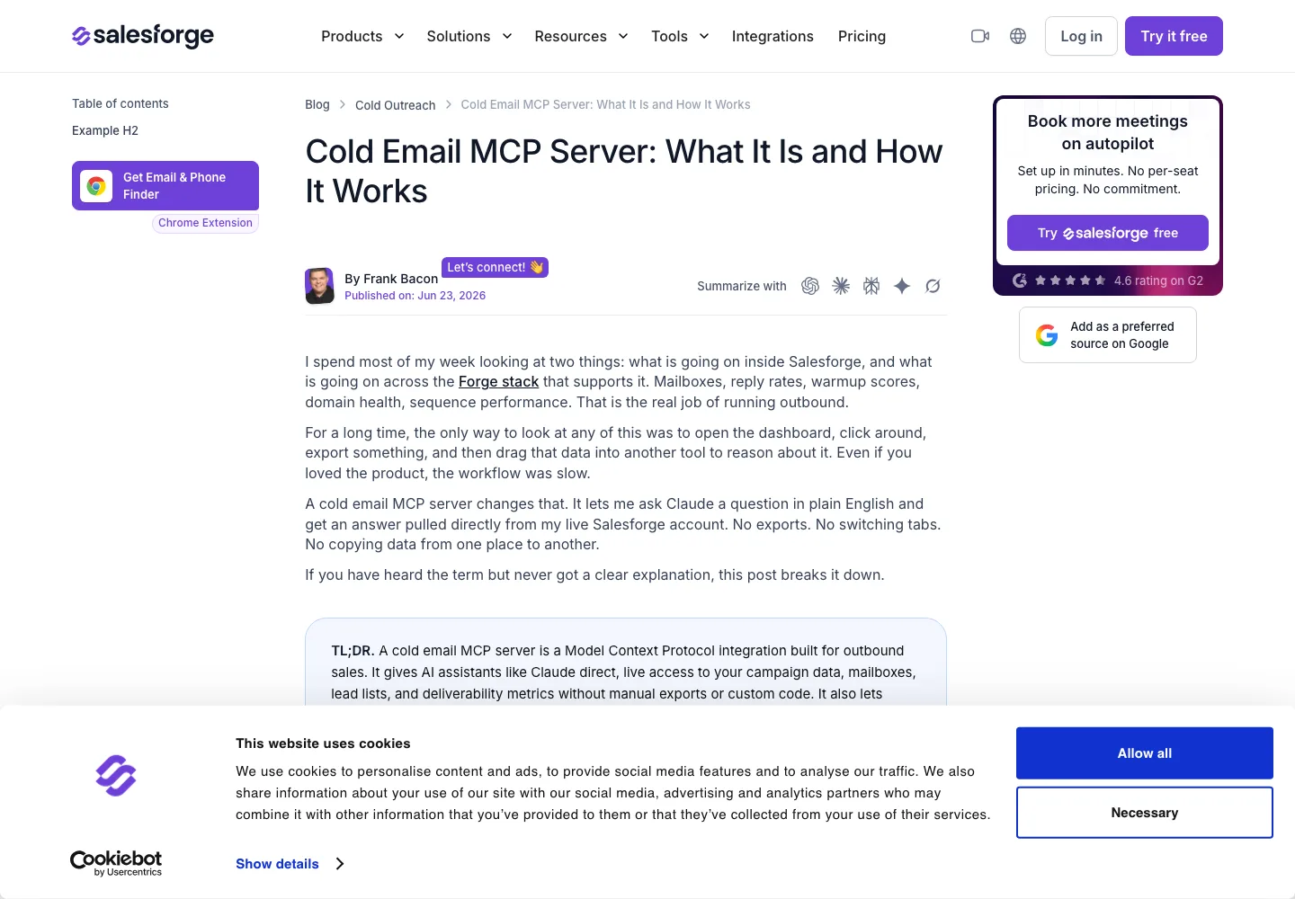 Salesforge public MCP information page, captured September 21, 2026