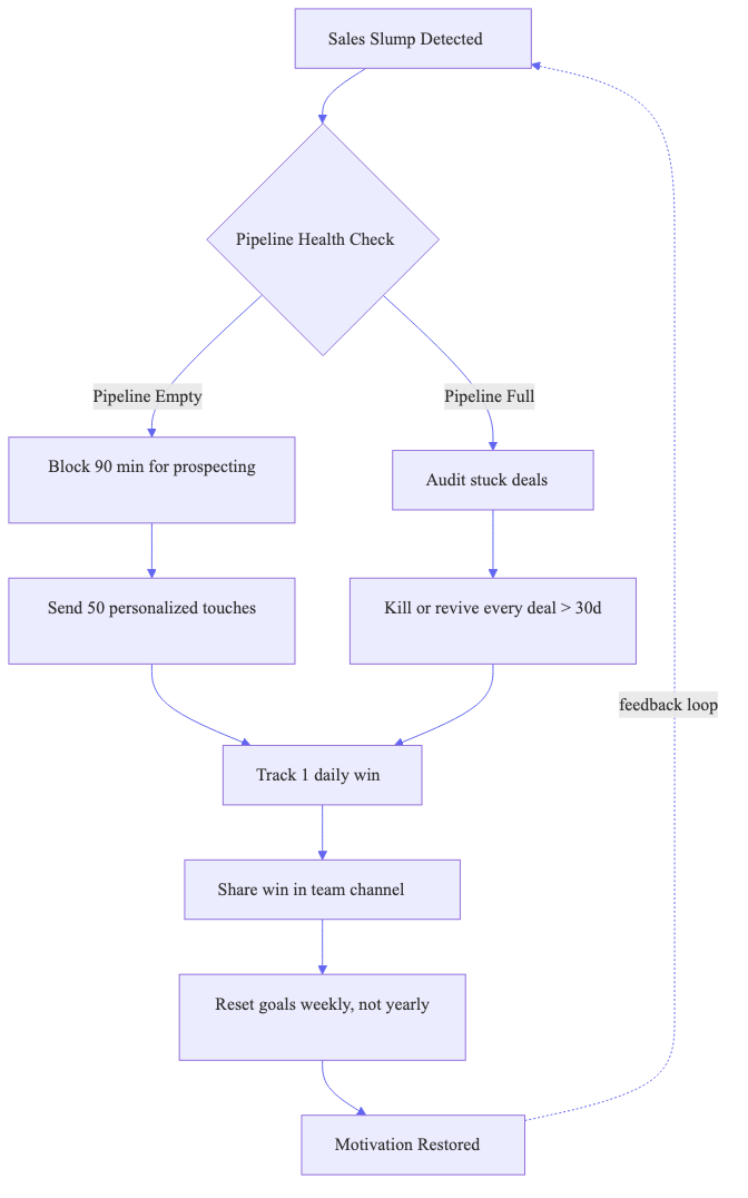 Flowchart of the sales motivation reset cycle from slump detection to motivation restored