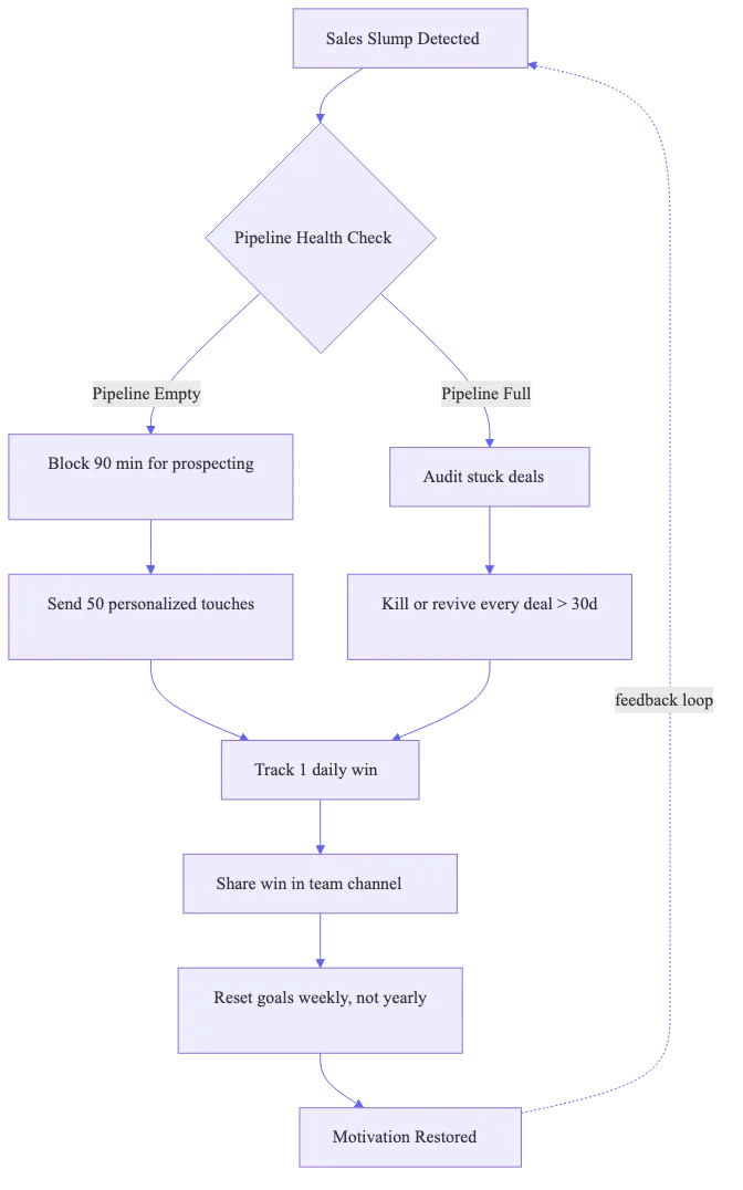 Flowchart of the sales motivation reset cycle from slump detection to motivation restored