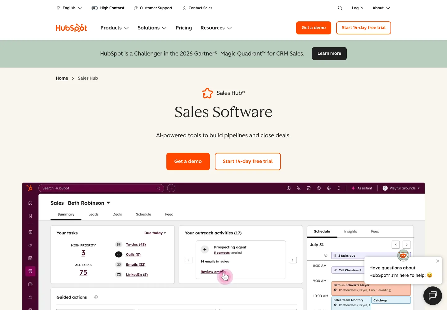 HubSpot Sales Hub public product page captured September 7, 2026