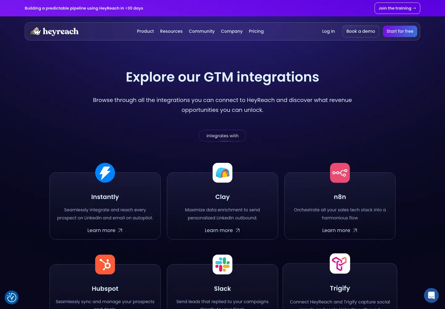HeyReach public integrations page captured September 9, 2026 listing Instantly, Clay, n8n, HubSpot, Slack and Trigify