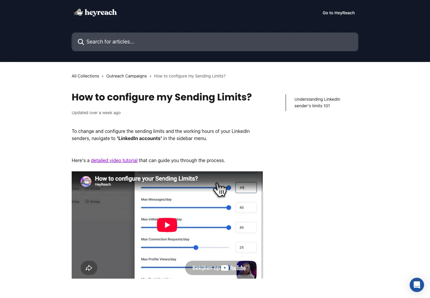 HeyReach help centre article on configuring sending limits, captured September 9, 2026, showing 40 messages a day and 25 connection requests a day defaults