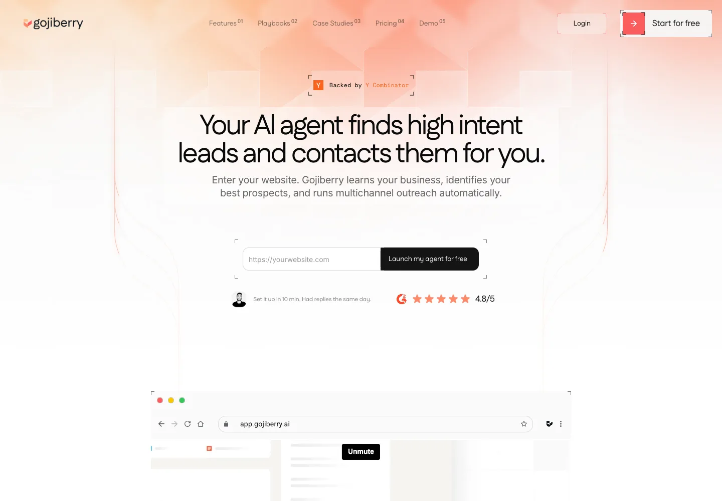 Gojiberry public homepage captured September 14, 2026, headline Your AI agent finds high intent leads and contacts them for you