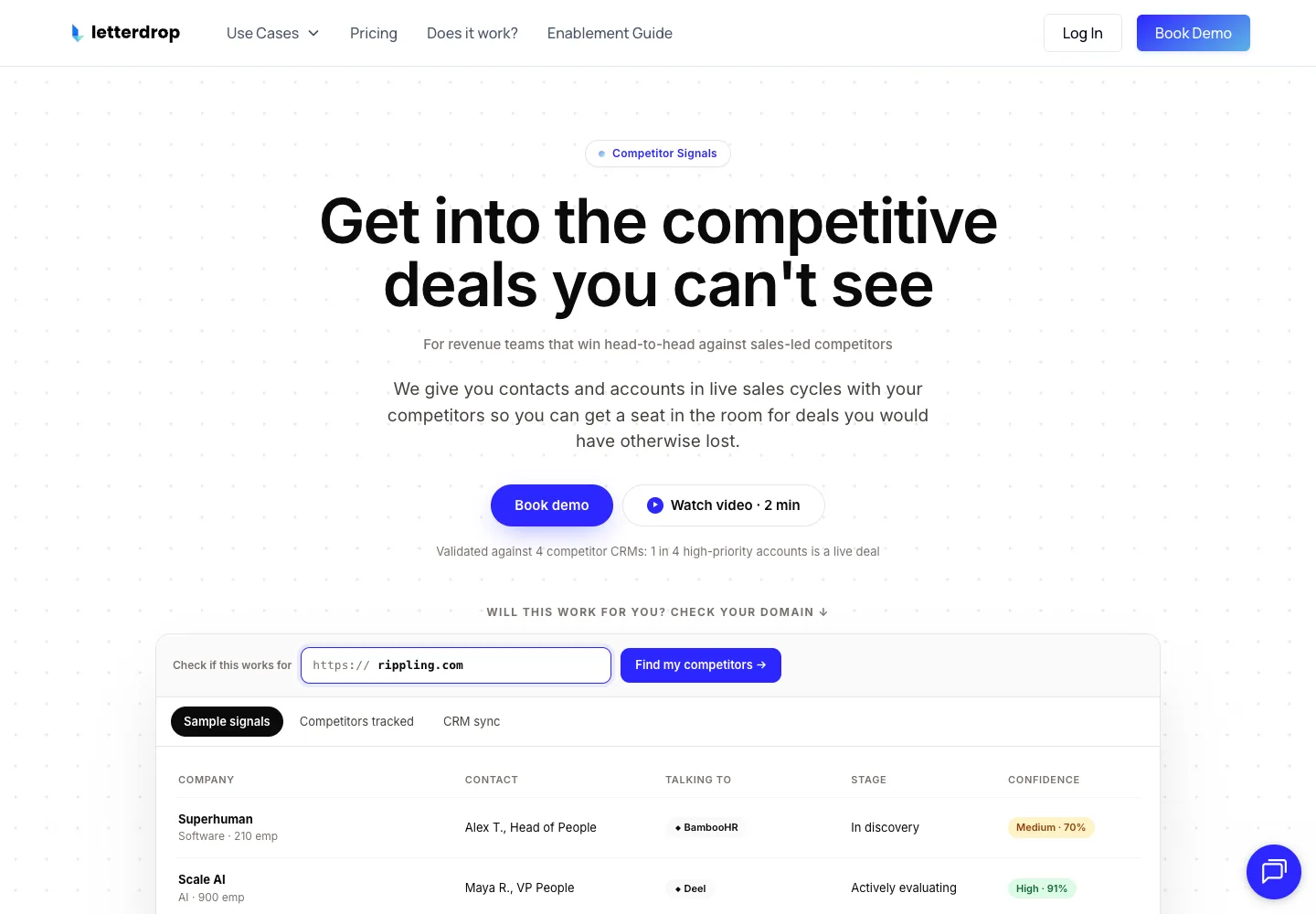 Letterdrop public homepage captured September 14, 2026, headline Get into the competitive deals you cannot see