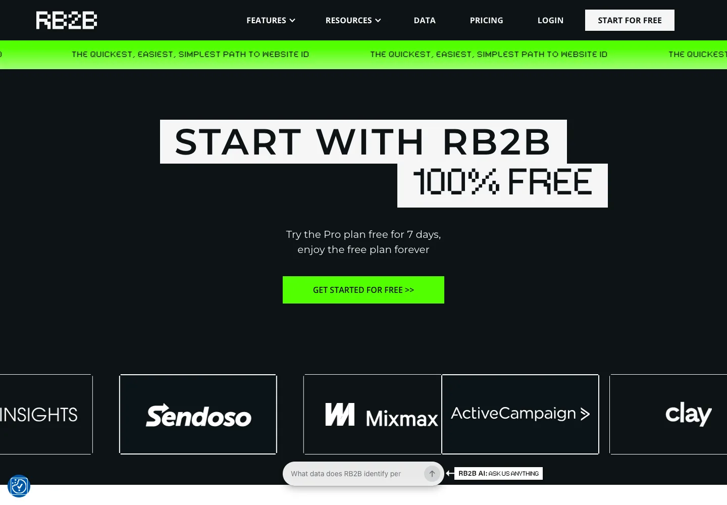 RB2B public pricing page captured September 14, 2026, hero Start with RB2B 100% free with a 7-day Pro trial