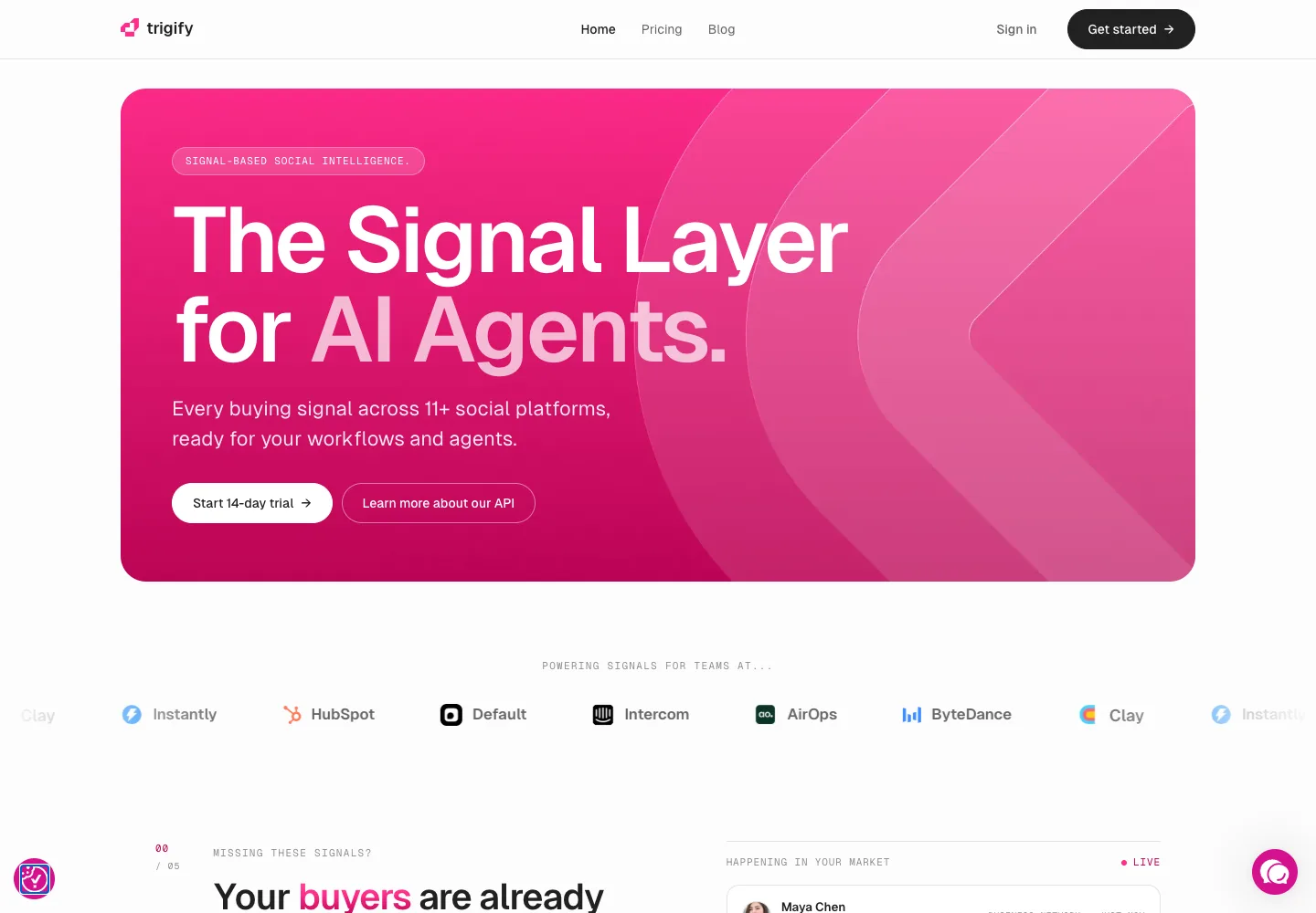 Trigify public homepage captured September 14, 2026, headline The Signal Layer for AI Agents with customer logos