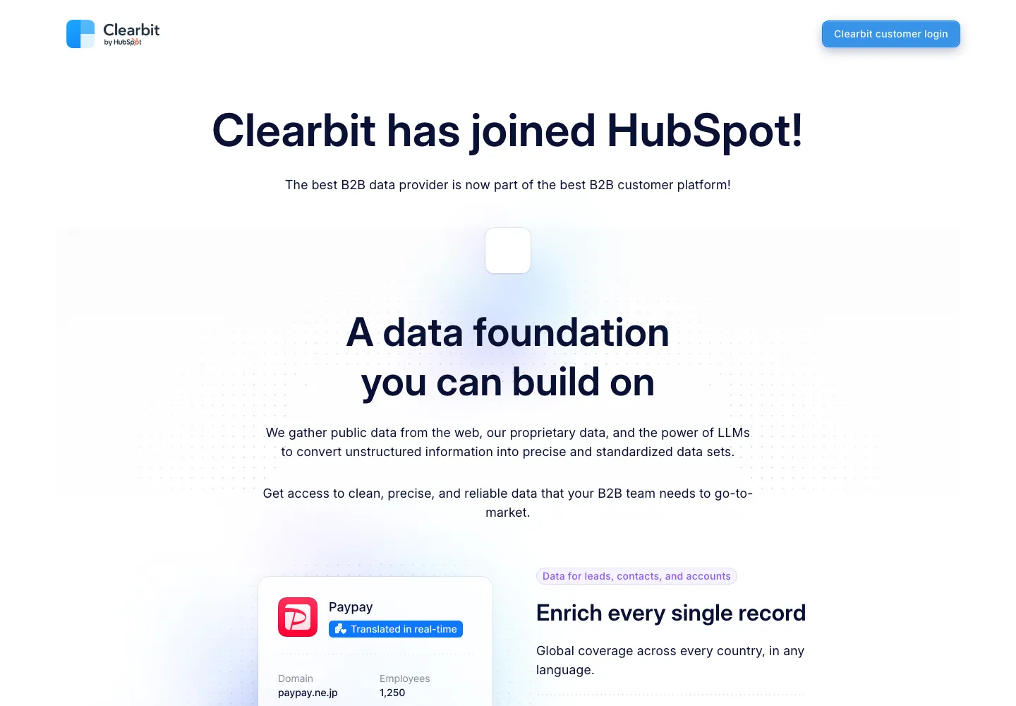Clearbit homepage showing Clearbit has joined HubSpot, captured September 28, 2026