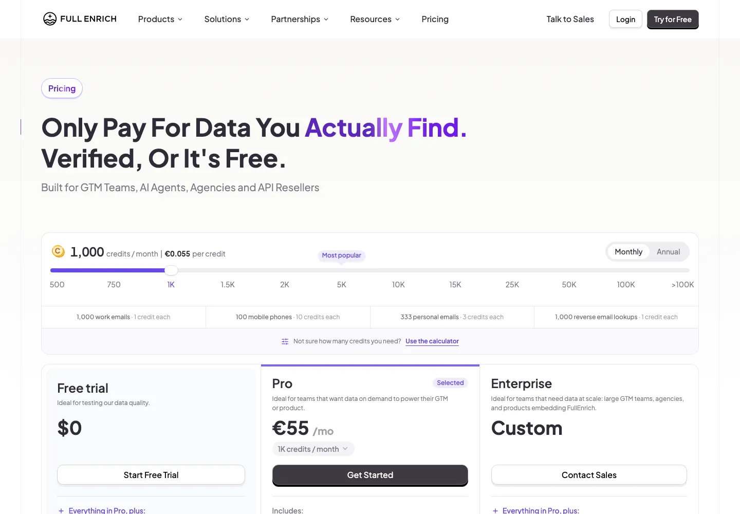 FullEnrich pricing page showing credits per month and cost per credit, captured September 28, 2026
