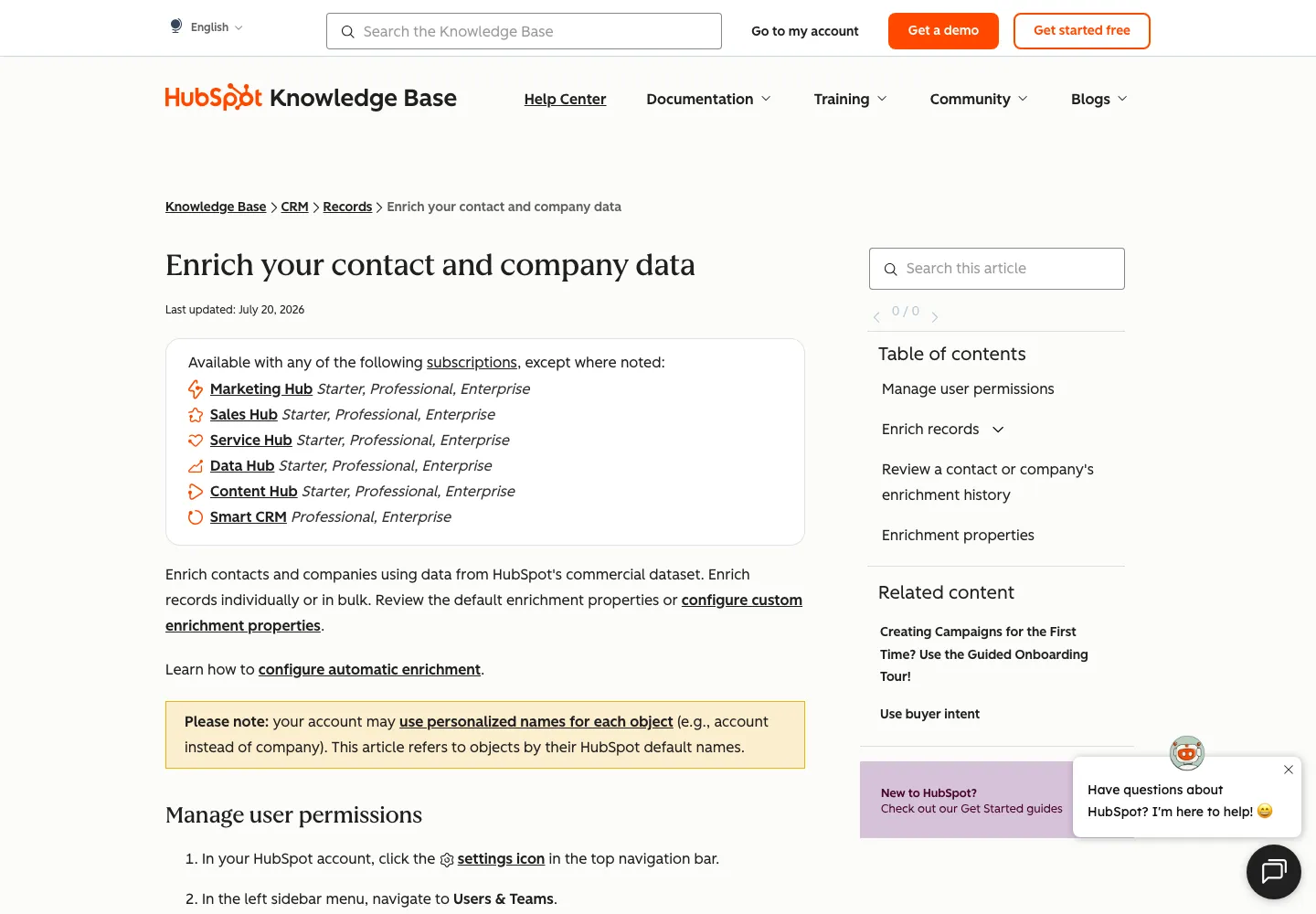 HubSpot knowledge base article on data enrichment, captured September 28, 2026