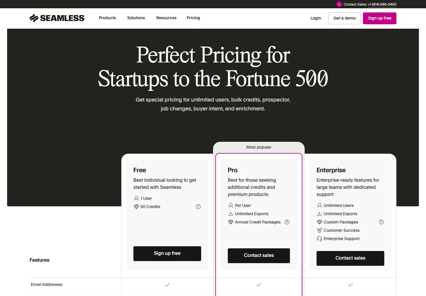 Seamless.AI pricing page with Free, Pro and Enterprise plans and no paid price, captured September 28, 2026