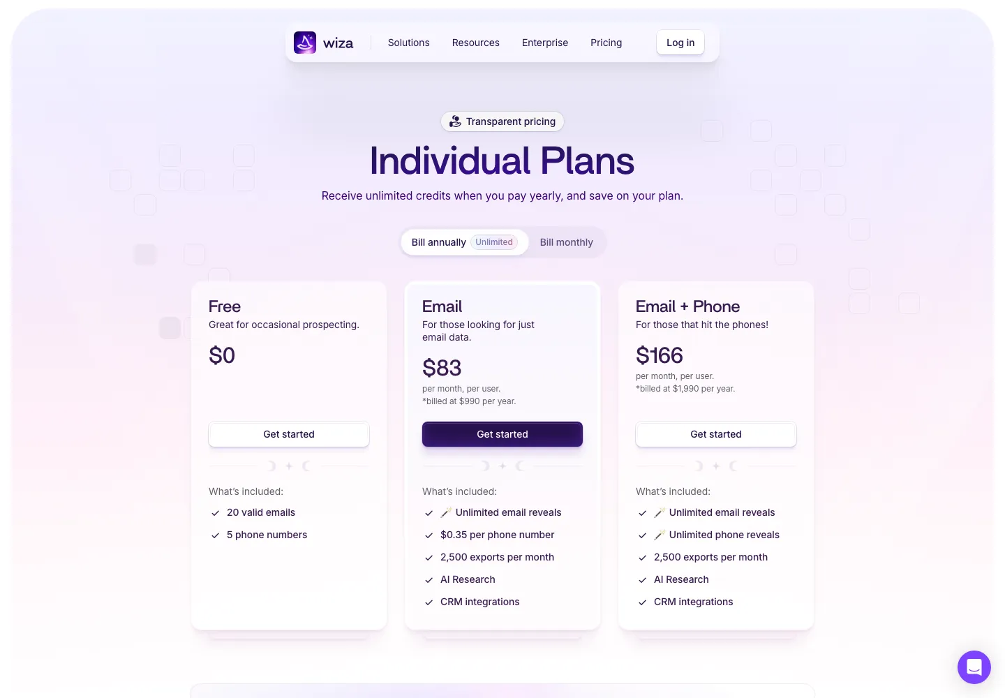 Wiza pricing page on annual billing, captured September 28, 2026