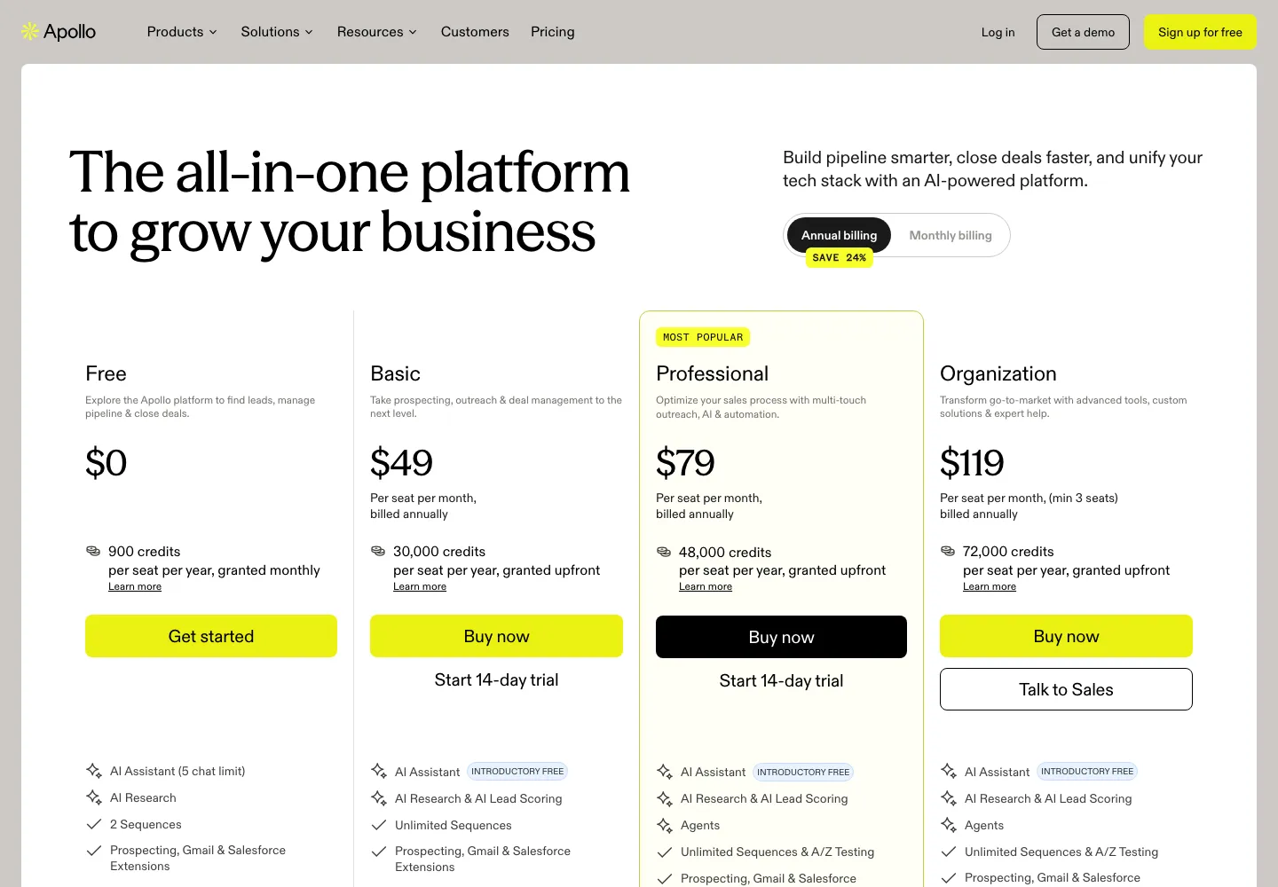Apollo public pricing page captured September 28, 2026 with annual billing selected: Free $0, Basic $49, Professional $79 and Organization $119 per seat per month