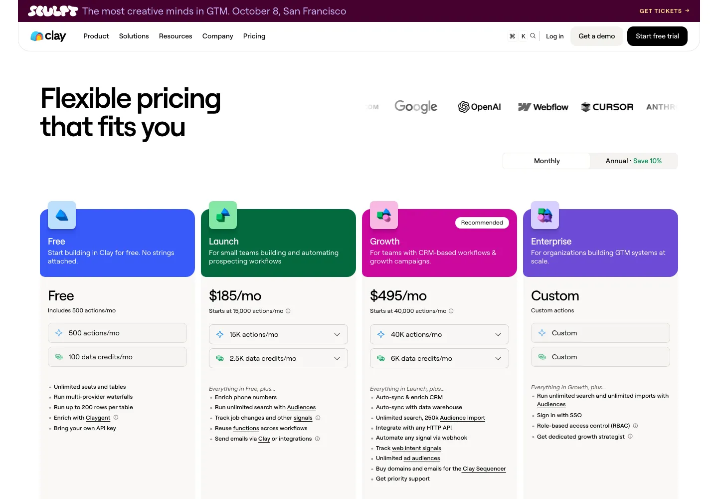 Clay public pricing page captured September 28, 2026 with monthly billing selected: Free, Launch $185 a month, Growth $495 a month and Enterprise custom