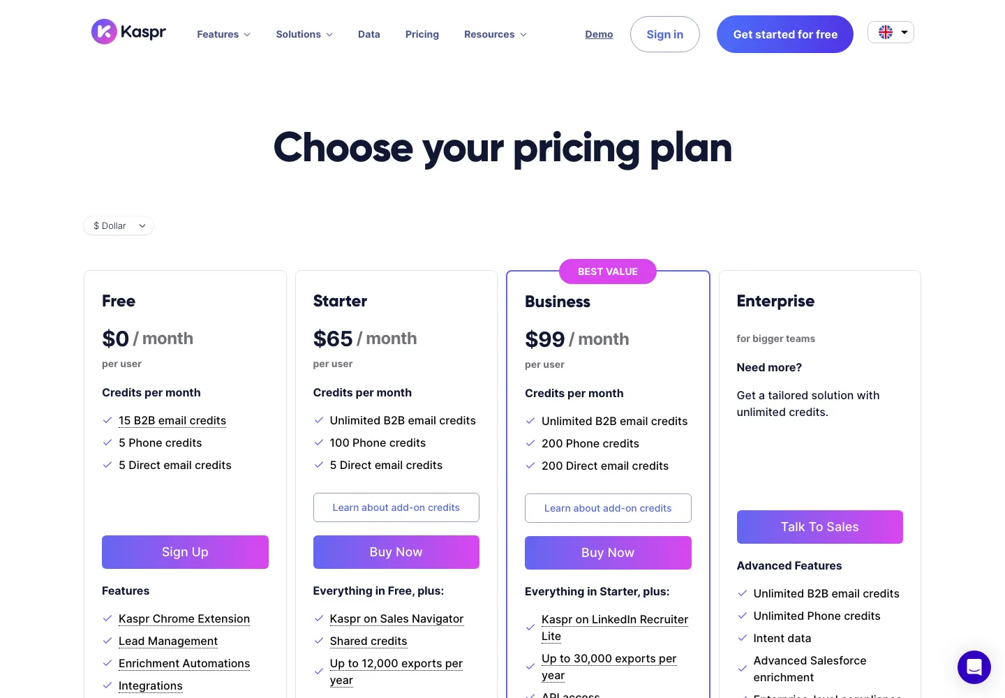Kaspr public pricing page captured September 28, 2026 in US dollars, monthly view: Free $0, Starter $65 with 100 phone credits, Business $99 with 200 phone credits, Enterprise custom