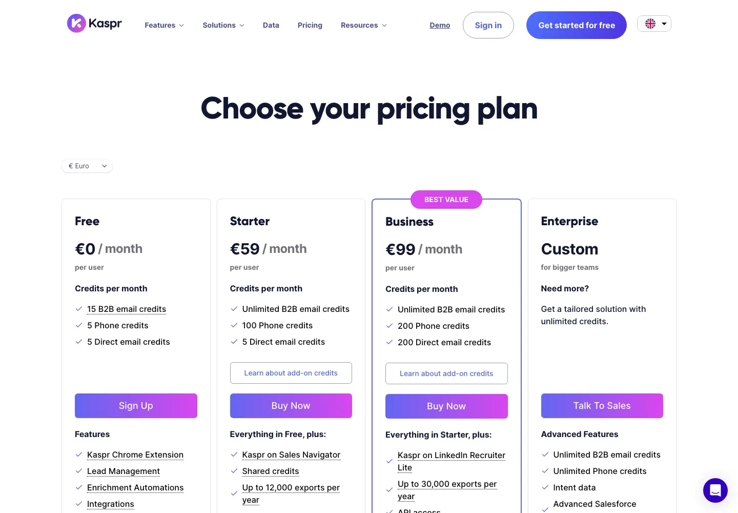 Page tarifs publique de Kaspr capturée le 28 septembre 2026 : Free 0 € avec 5 crédits téléphone, Starter 59 € par mois avec 100 crédits téléphone, Business 99 € par mois avec 200 crédits téléphone