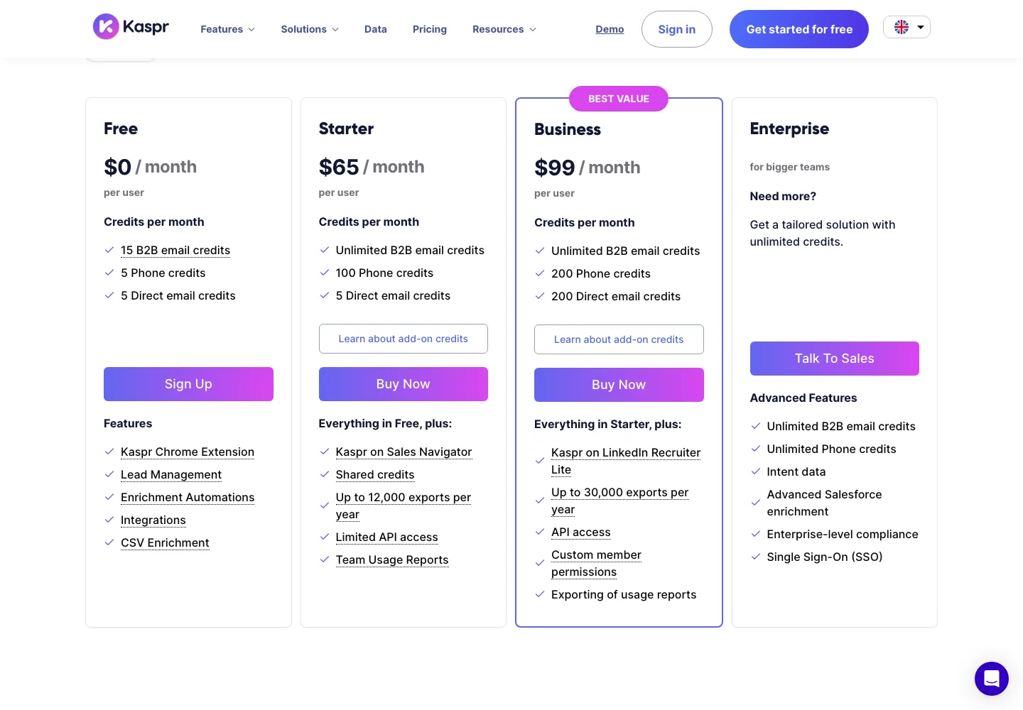 Kaspr public pricing page captured September 28, 2026 in US dollars, showing Free $0, Starter $65, Business $99 per user per month and a custom Enterprise plan