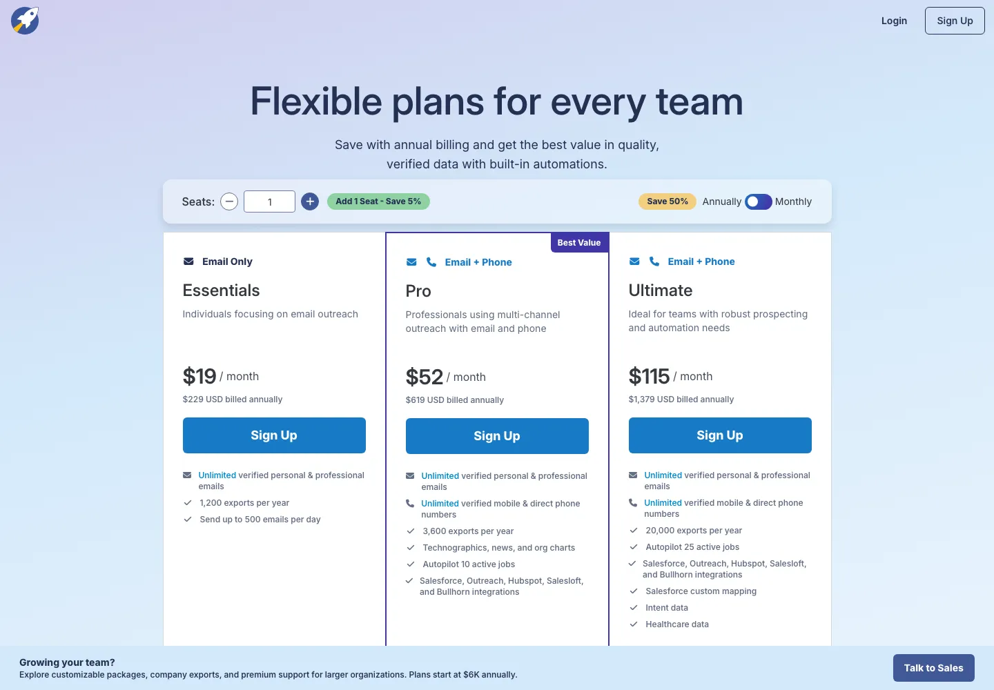 RocketReach public pricing page captured September 28, 2026 on annual billing, showing Essentials at $19 a month billed $229 a year, Pro at $52 billed $619 and Ultimate at $115 billed $1,379, with 1,200, 3,600 and 20,000 exports a year