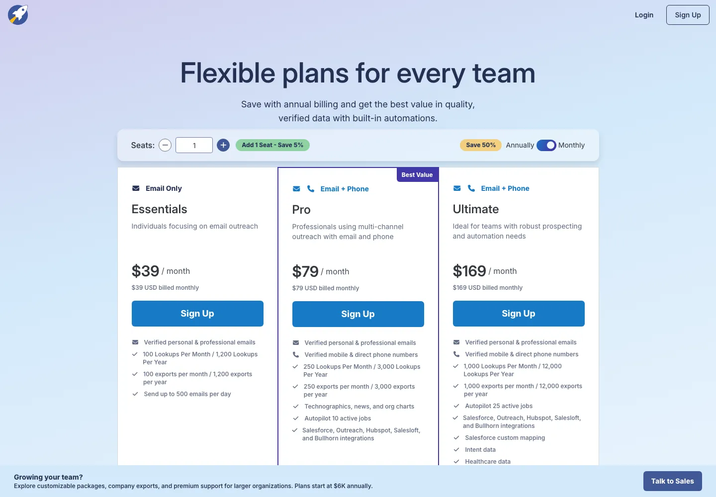 RocketReach public pricing page captured September 28, 2026 on monthly billing, showing Essentials at $39, Pro at $79 and Ultimate at $169 a month with 100, 250 and 1,000 lookups a month