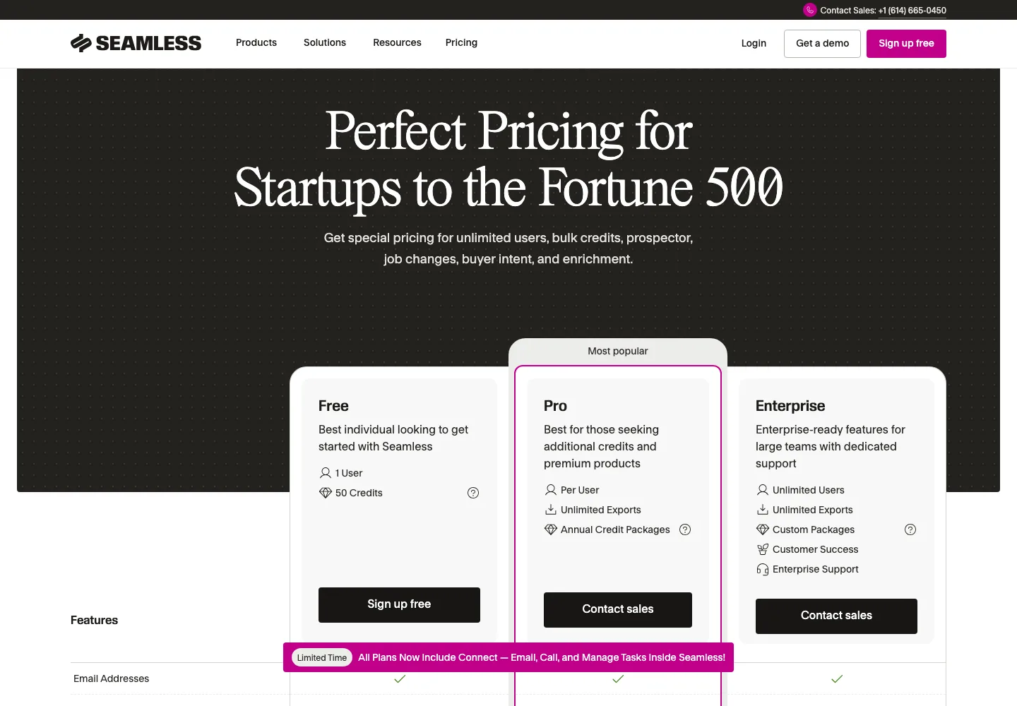 Seamless.AI public pricing page captured September 28, 2026 showing Free with 1 user and 50 credits, Pro per user with annual credit packages and Enterprise, both behind Contact sales