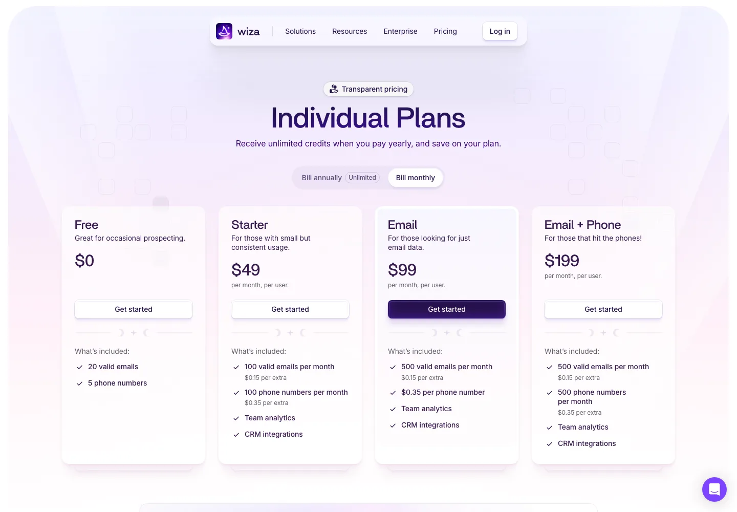 Wiza public pricing page captured September 28, 2026 with monthly billing selected: Free $0, Starter $49, Email $99 and Email + Phone $199 per user per month, $0.35 per extra phone number