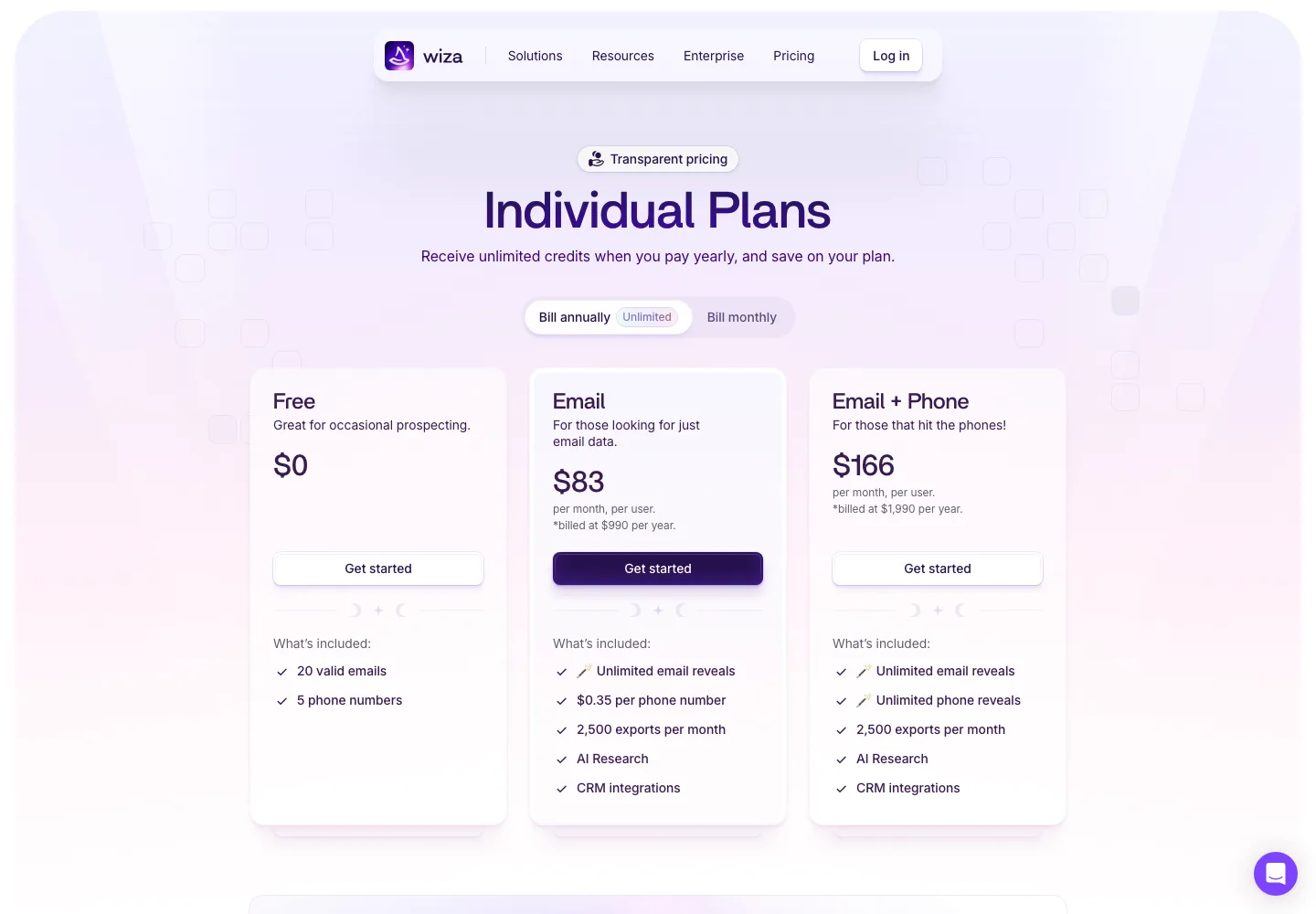 Wiza public pricing page captured September 28, 2026 with annual billing selected: Email $83 and Email + Phone $166 per user per month, billed $990 and $1,990 a year, 2,500 exports per month