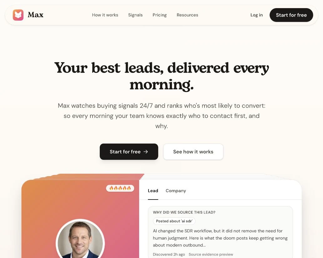 Max homepage showing a sourced lead with its public signal and source evidence attached