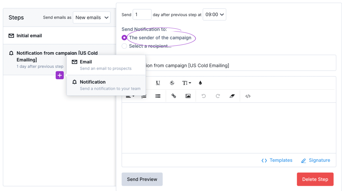 Send Campaign Notifications to the Sender of the Campaign in Overloop sales automation & cold emailing software