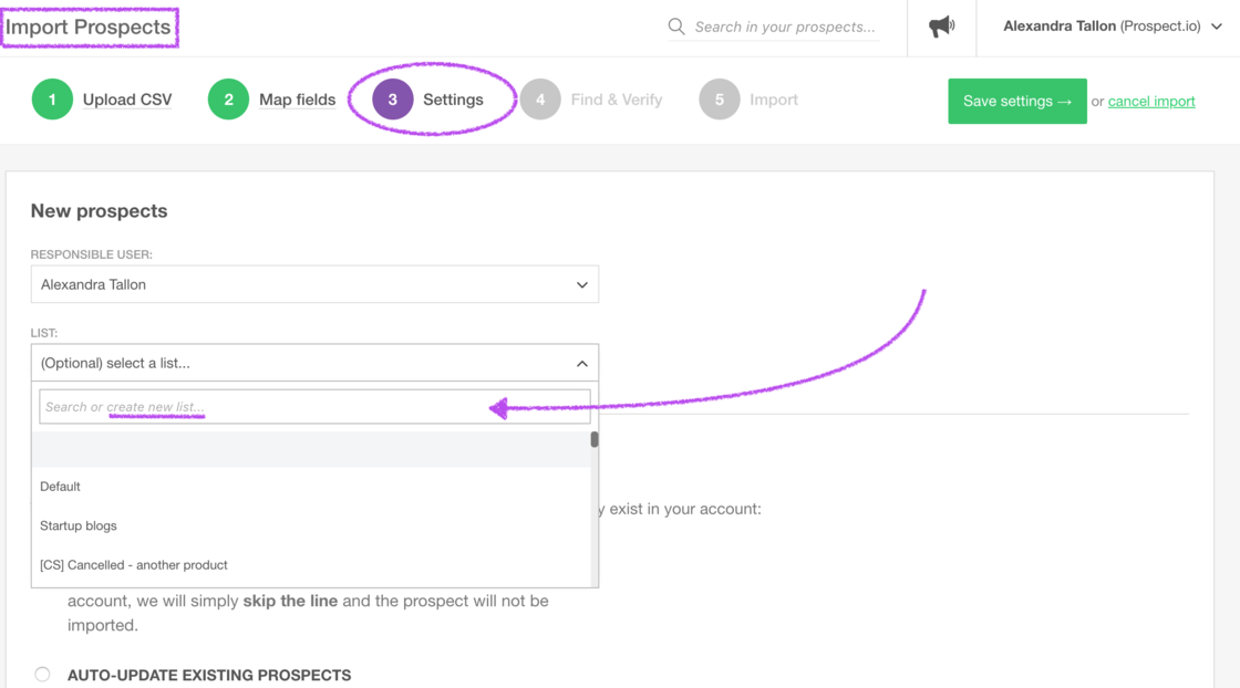 Create a new list when you import a CSV file in Overloop sales automation & cold emailing software