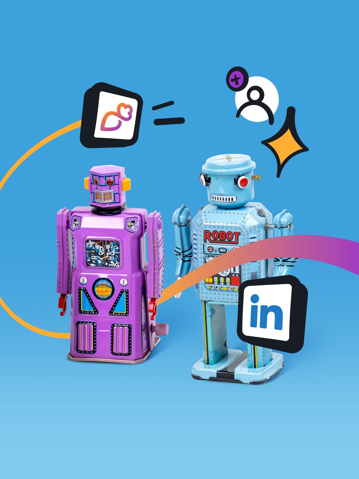 2 robots illustrating the LinkedIn automation feature in Overloop